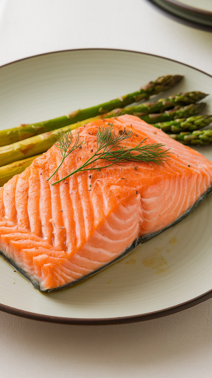 A plate of baked salmon with asparagus and a sprig of dill on top.