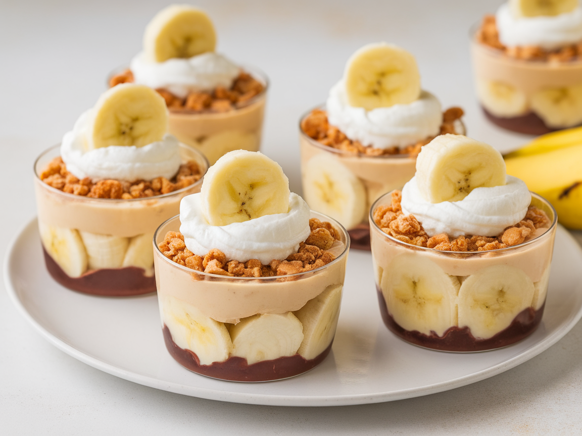 Delicious banana cream pie pudding cups topped with whipped cream and banana slices.