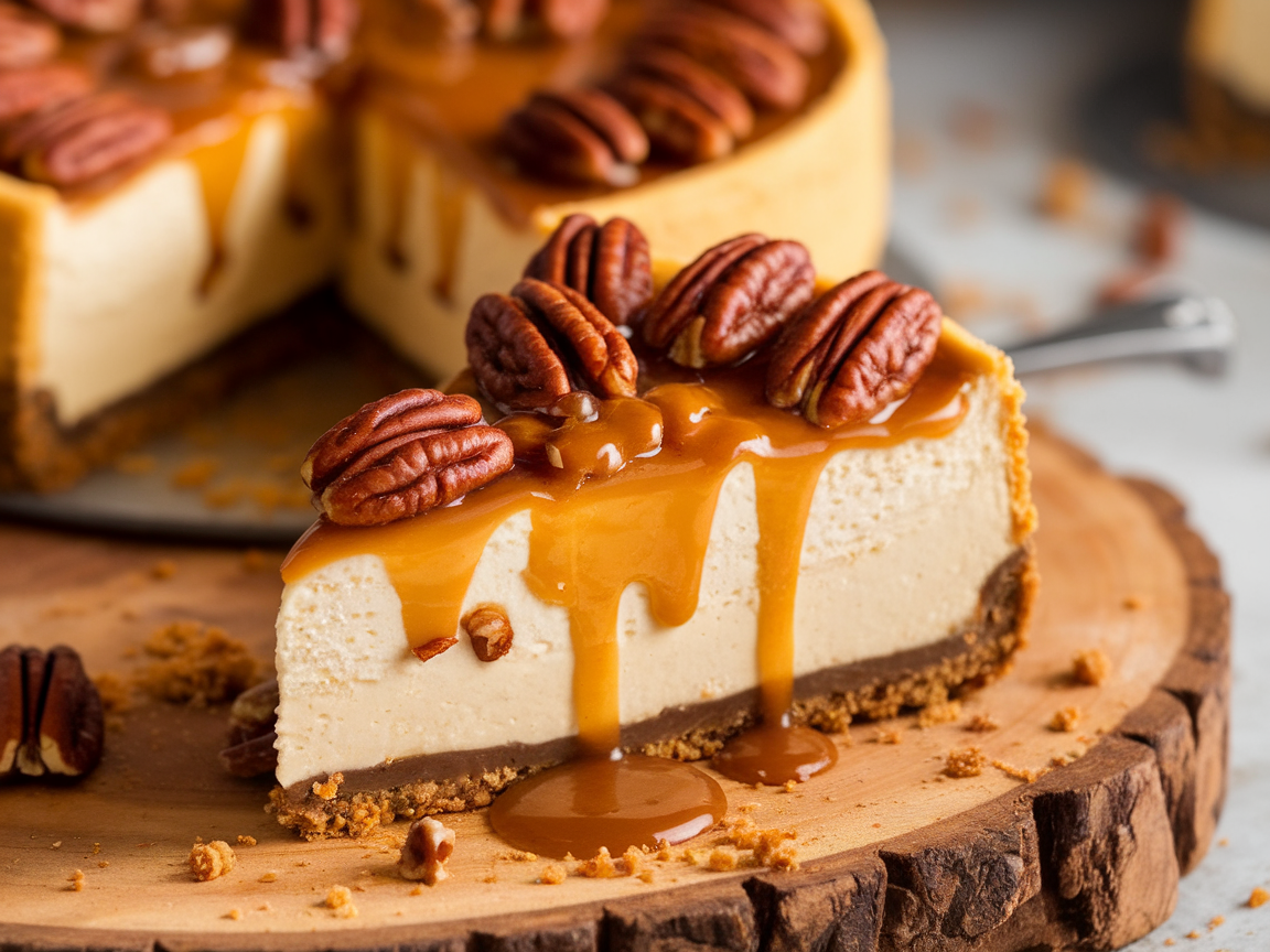 A slice of caramel pecan cheesecake topped with pecans and drizzled with caramel sauce.