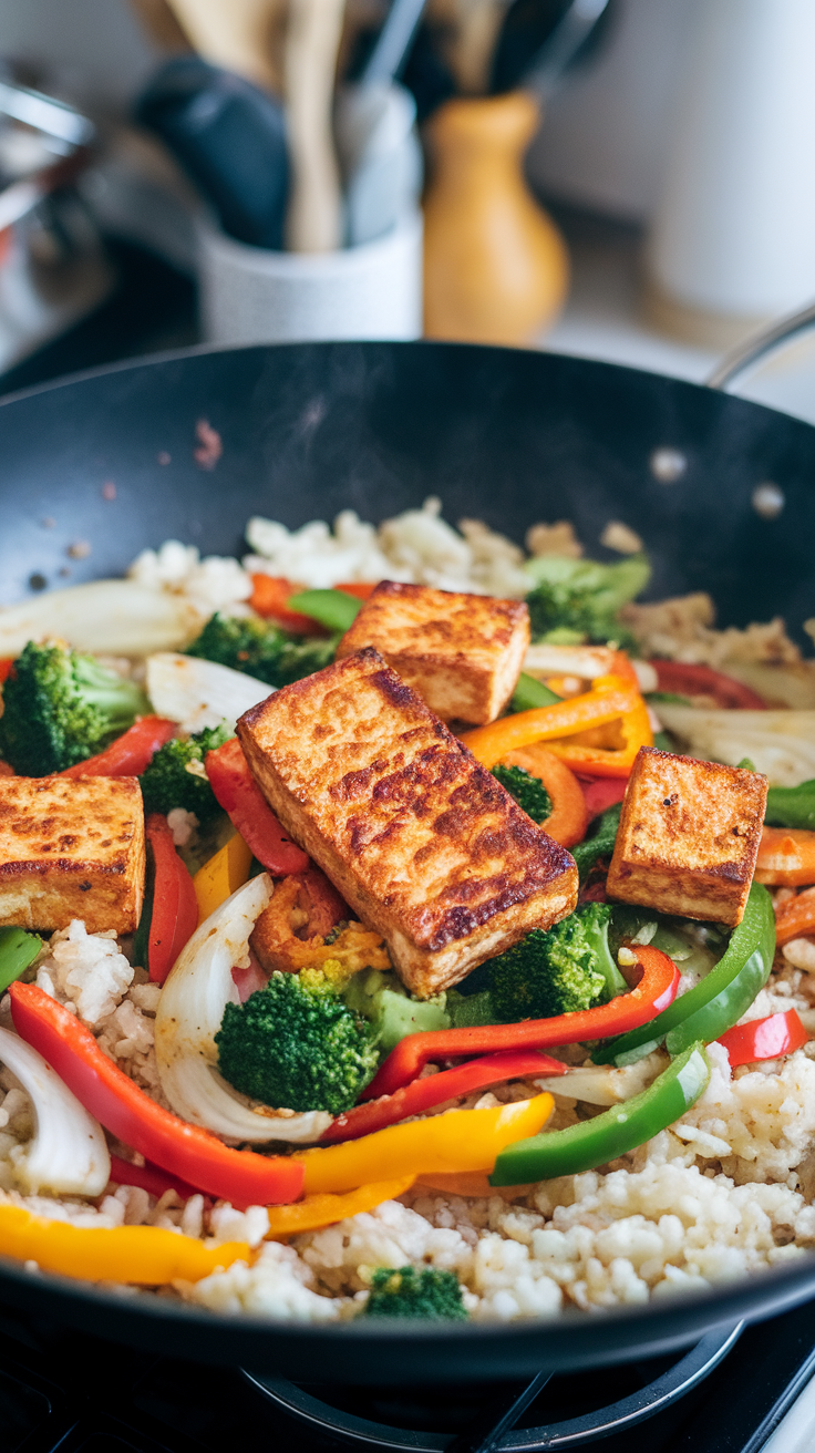 A vibrant stir-fry with cauliflower rice, colorful bell peppers, broccoli, and tofu in a black pan.