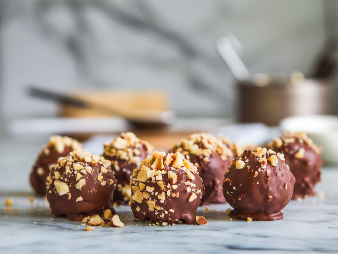 Chocolate-covered no-bake cheesecake bites topped with crushed nuts