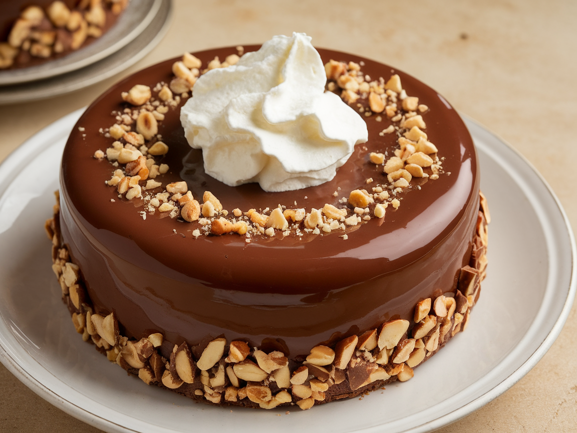 A delicious chocolate hazelnut pudding cake topped with whipped cream and crushed hazelnuts.