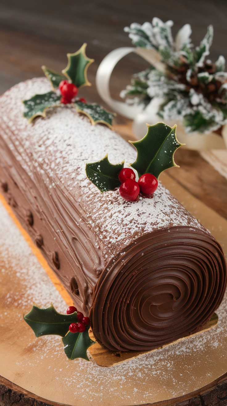 A decorated Chocolate Yule Log Cake with holly leaves and berries on a wooden table.