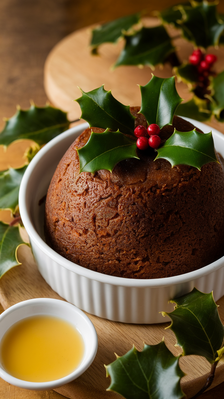 A classic Christmas pudding decorated with holly leaves and red berries, served with a small dish of brandy sauce.