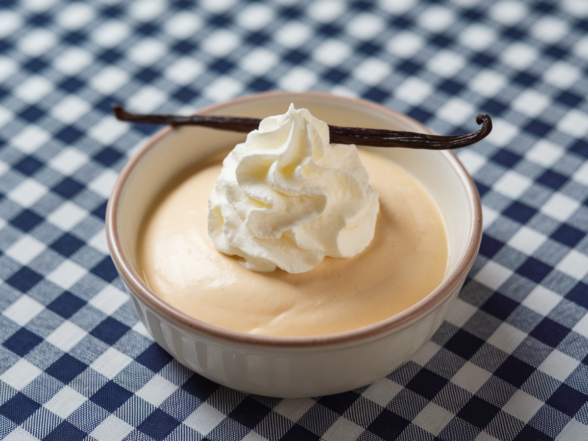 A bowl of classic homemade vanilla pudding topped with whipped cream and a vanilla bean.