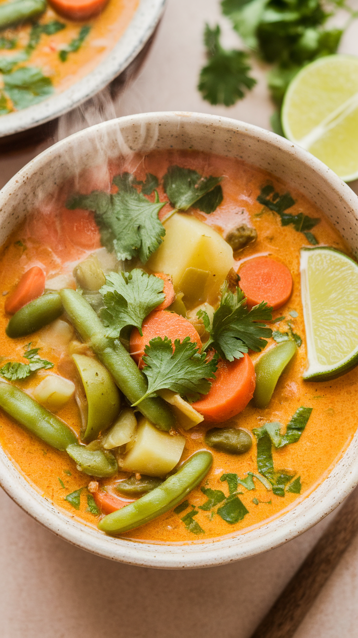 Bowl of coconut curry vegetable soup topped with cilantro and lime.