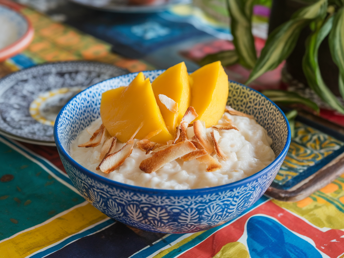 Bowl of coconut rice pudding topped with mango slices and toasted coconut, set on a colorful table.