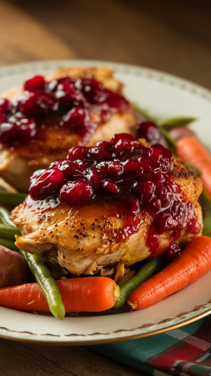 Cranberry-glazed chicken thighs with vegetables on a plate