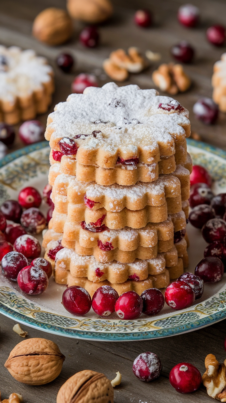 Stack of cranberry walnut shortbread cookies dusted with powdered sugar, surrounded by fresh cranberries and walnuts.