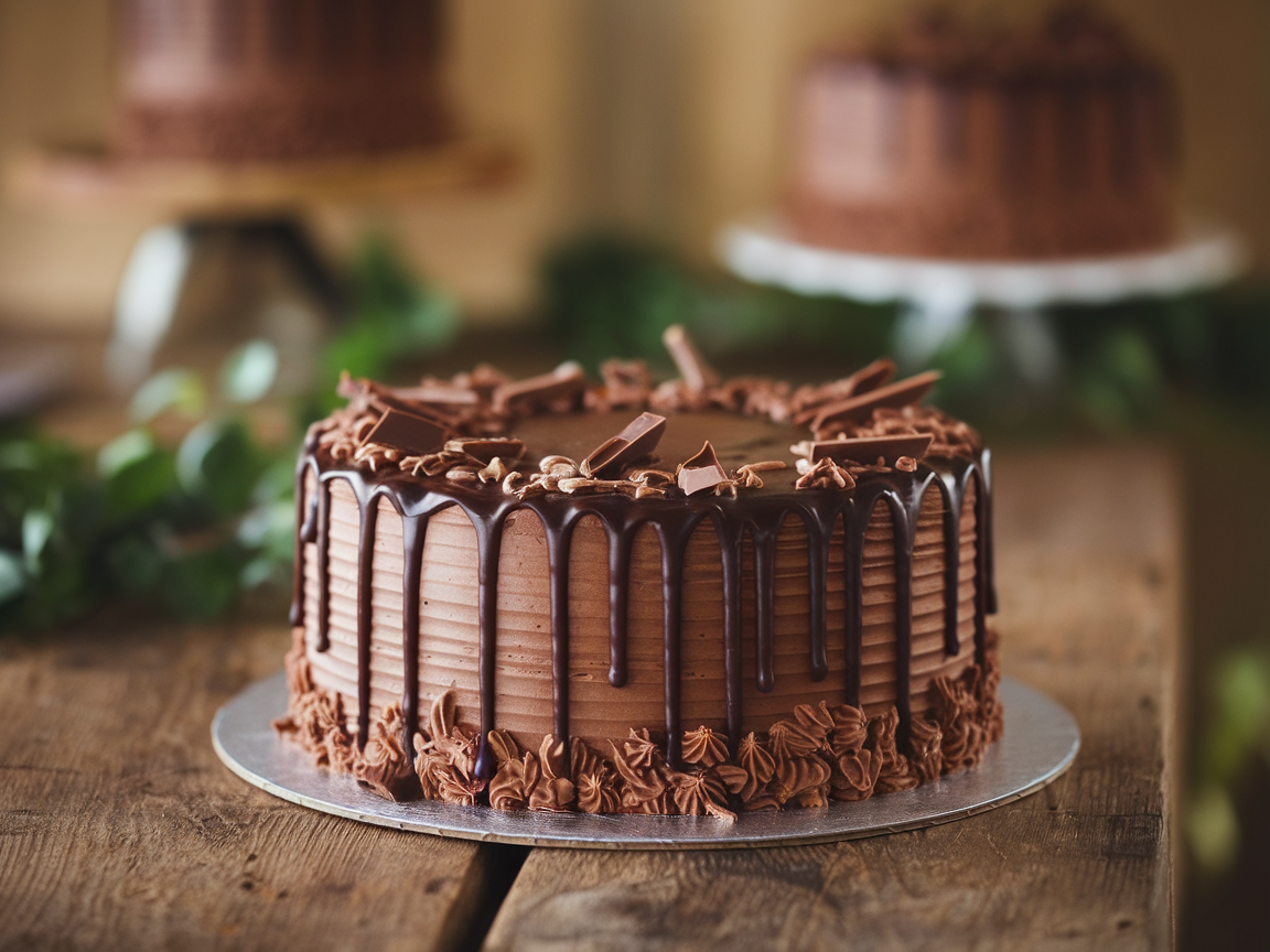 A beautifully decorated chocolate ganache cake with chocolate drips and shavings on top, placed on a wooden table.