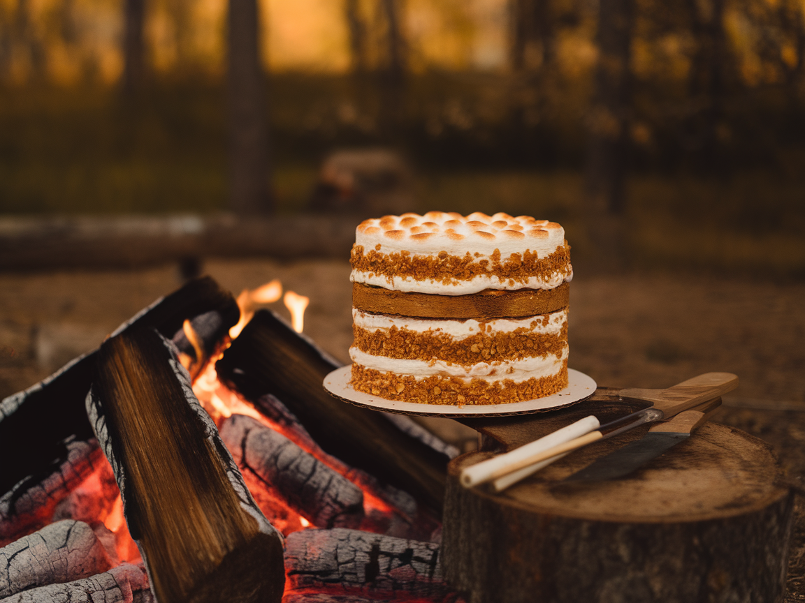 A three-layer s'mores cake with toasted marshmallow frosting, set near a campfire.