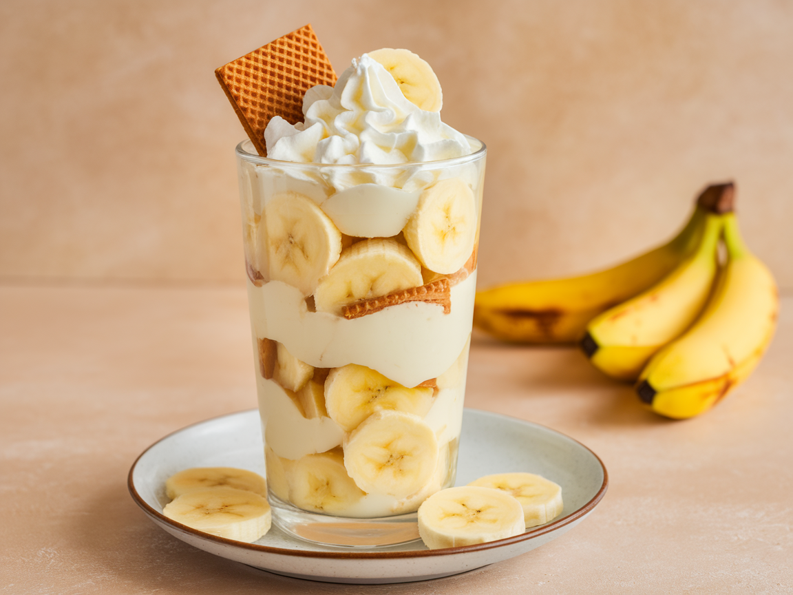 A delicious banana pudding parfait in a glass with whipped cream and a wafer on top, surrounded by bananas.