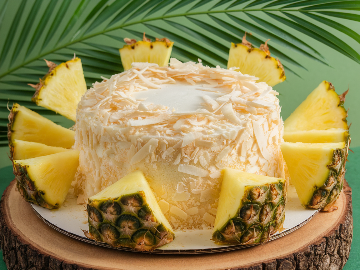 A Coconut Pineapple Cake surrounded by pineapple slices on a wooden platter.