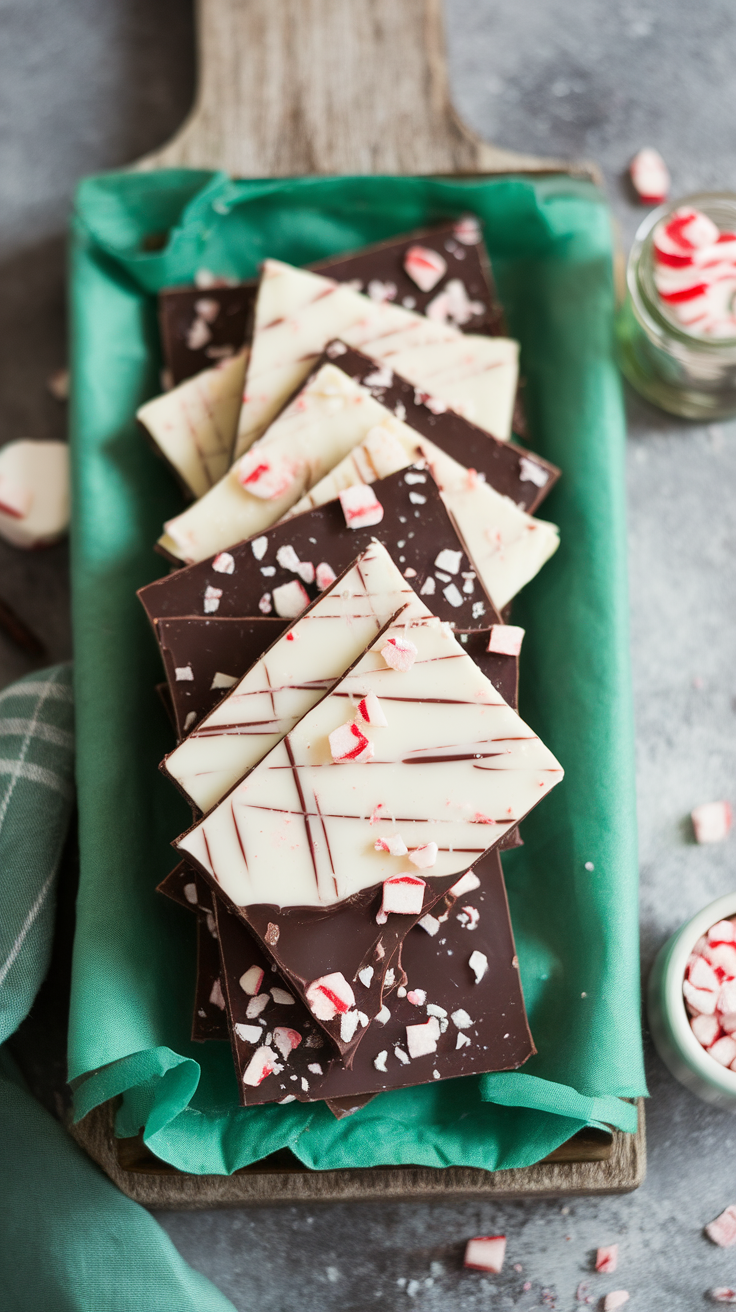 A festive display of peppermint bark, layered with dark and white chocolate, garnished with crushed peppermint pieces.