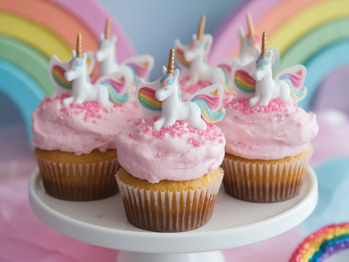 Cupcakes with fluffy pink cotton candy frosting, topped with rainbow unicorns and sprinkles.