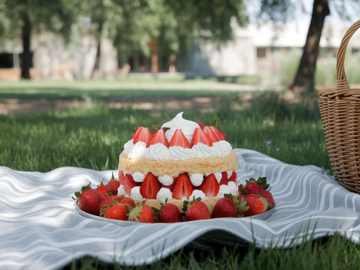 A delicious strawberry shortcake placed on a gray and white striped blanket in a grassy area, surrounded by fresh strawberries.