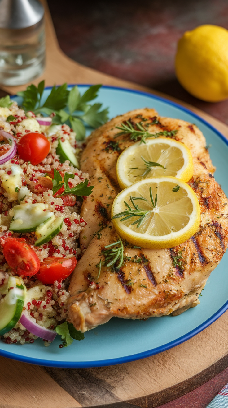 Grilled lemon herb chicken served with a colorful quinoa salad, featuring fresh vegetables and herbs.