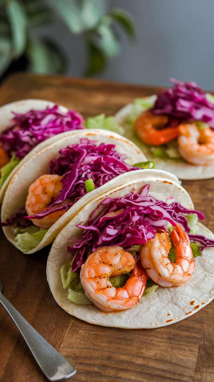 Herbed grilled shrimp tacos with vibrant cabbage slaw