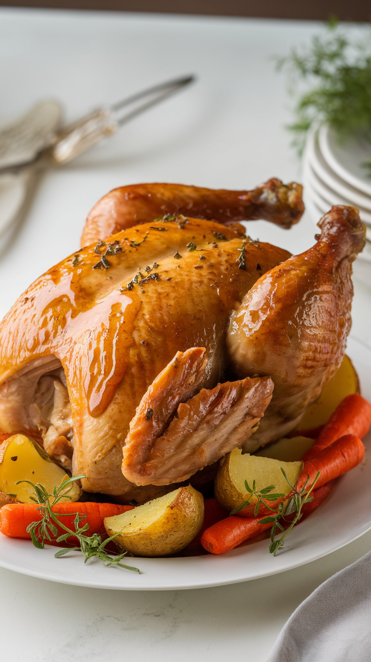 Honey-mustard glazed roast chicken with vegetables on a plate.