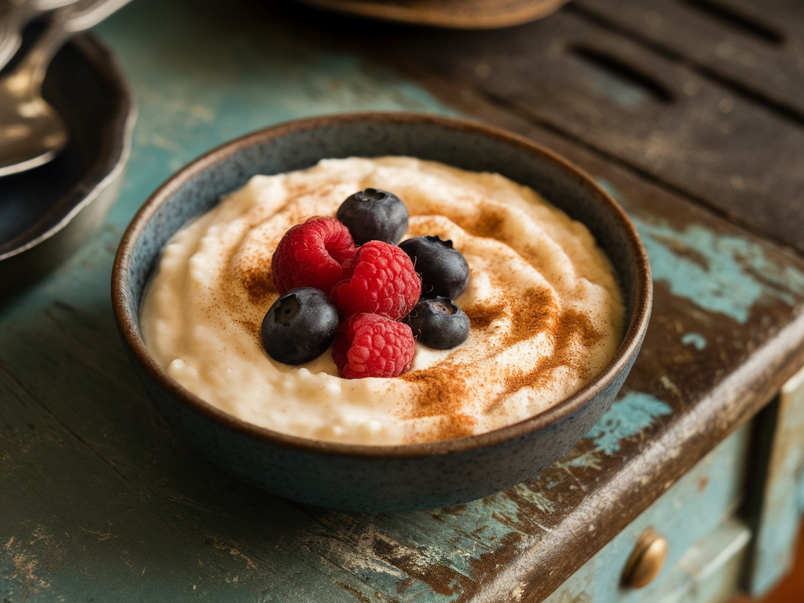 A bowl of creamy rice pudding topped with raspberries and blueberries, sprinkled with cinnamon.