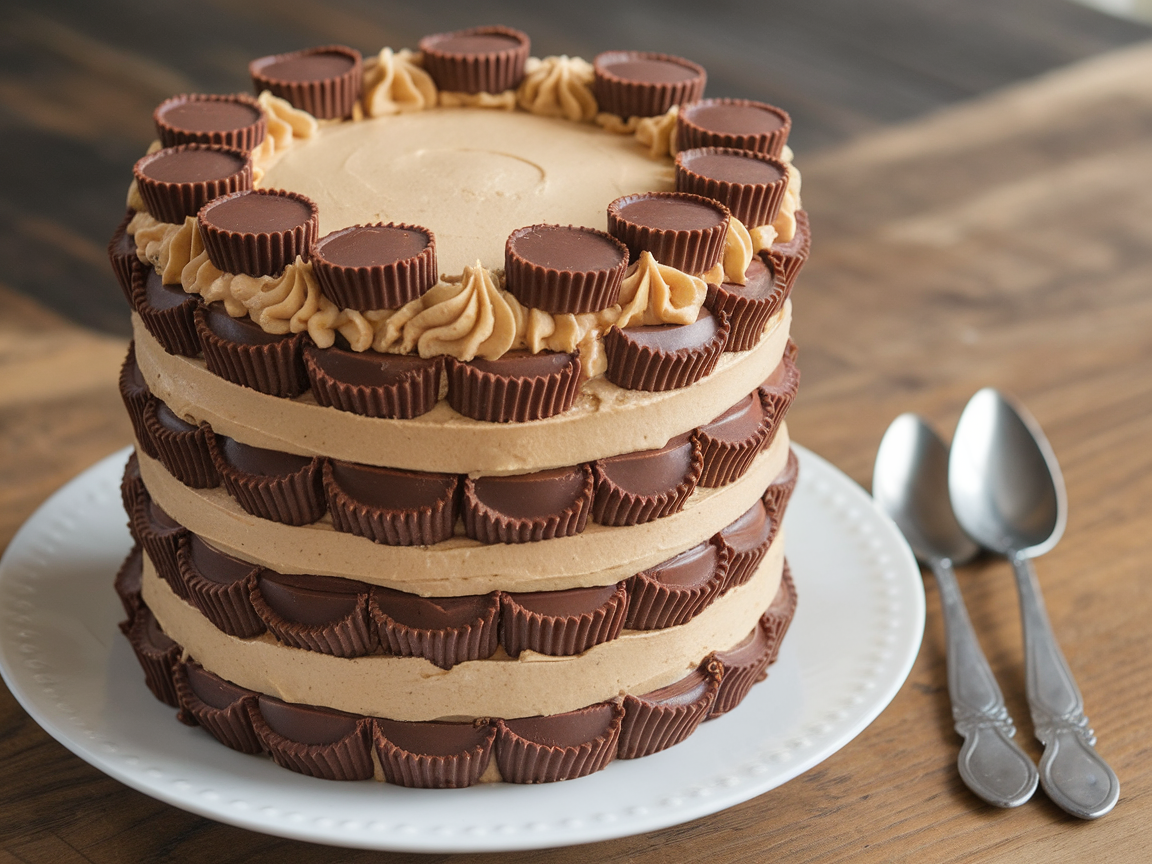 A tall, layered peanut butter cup cake decorated with mini peanut butter cups and swirls of frosting on top.