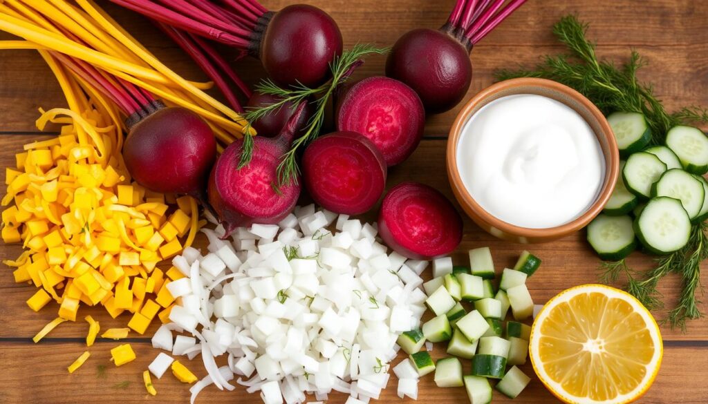 ingredients for chilled golden beet borscht