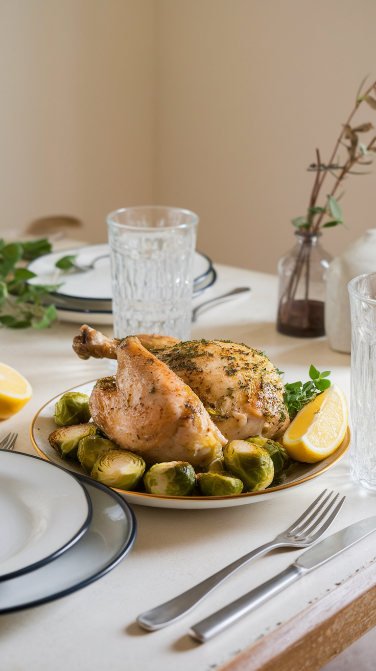 Lemon herb chicken served with roasted Brussels sprouts on a plate