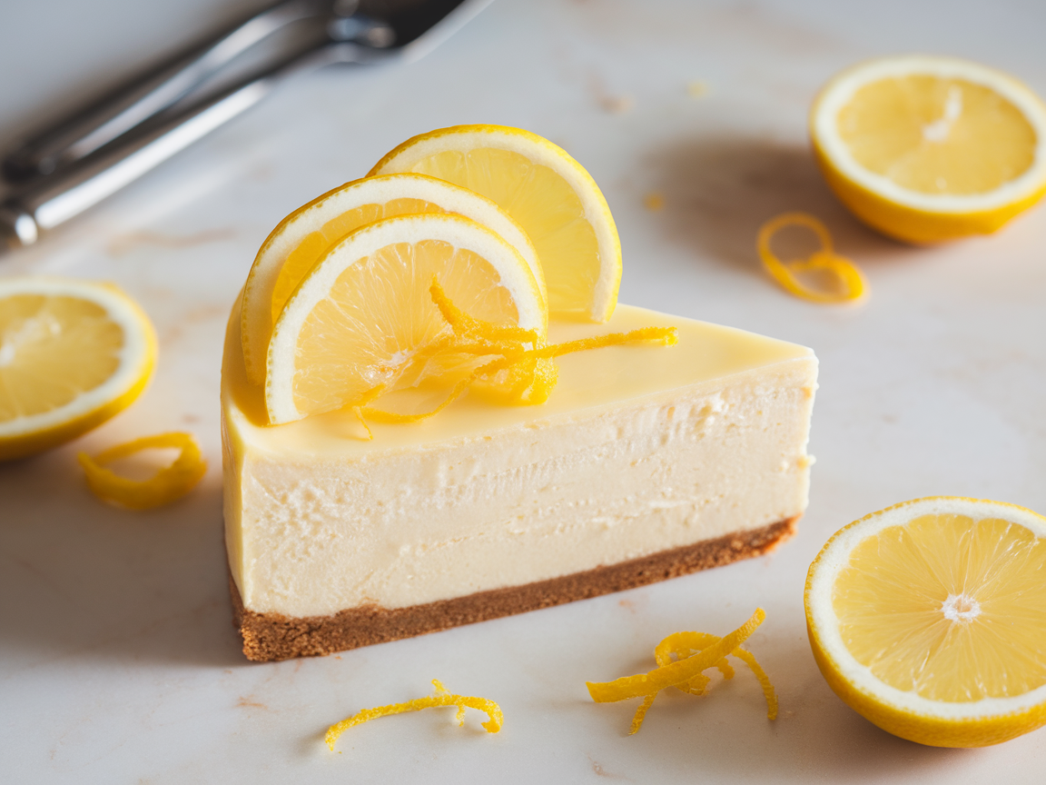 A slice of lemon zest cheesecake topped with lemon slices and zest, alongside halved lemons on a marble surface.