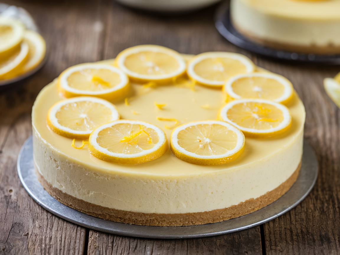 A no-bake cheesecake topped with lemon slices and zest on a wooden table.