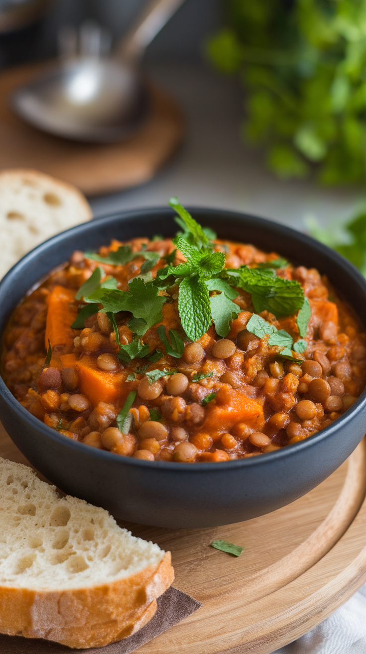 A bowl of lentil and sweet potato stew topped with fresh herbs, served with a piece of bread