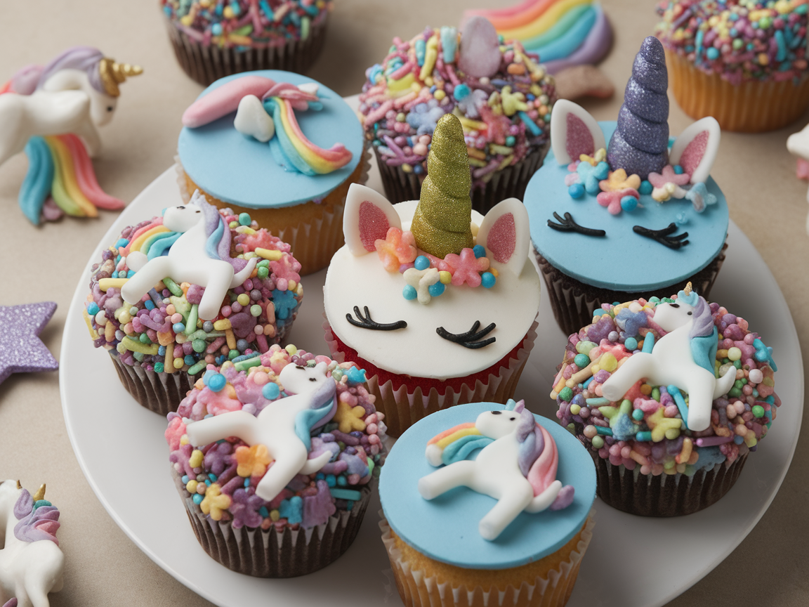 A variety of cupcakes decorated with unicorn-themed sprinkles and figurines.