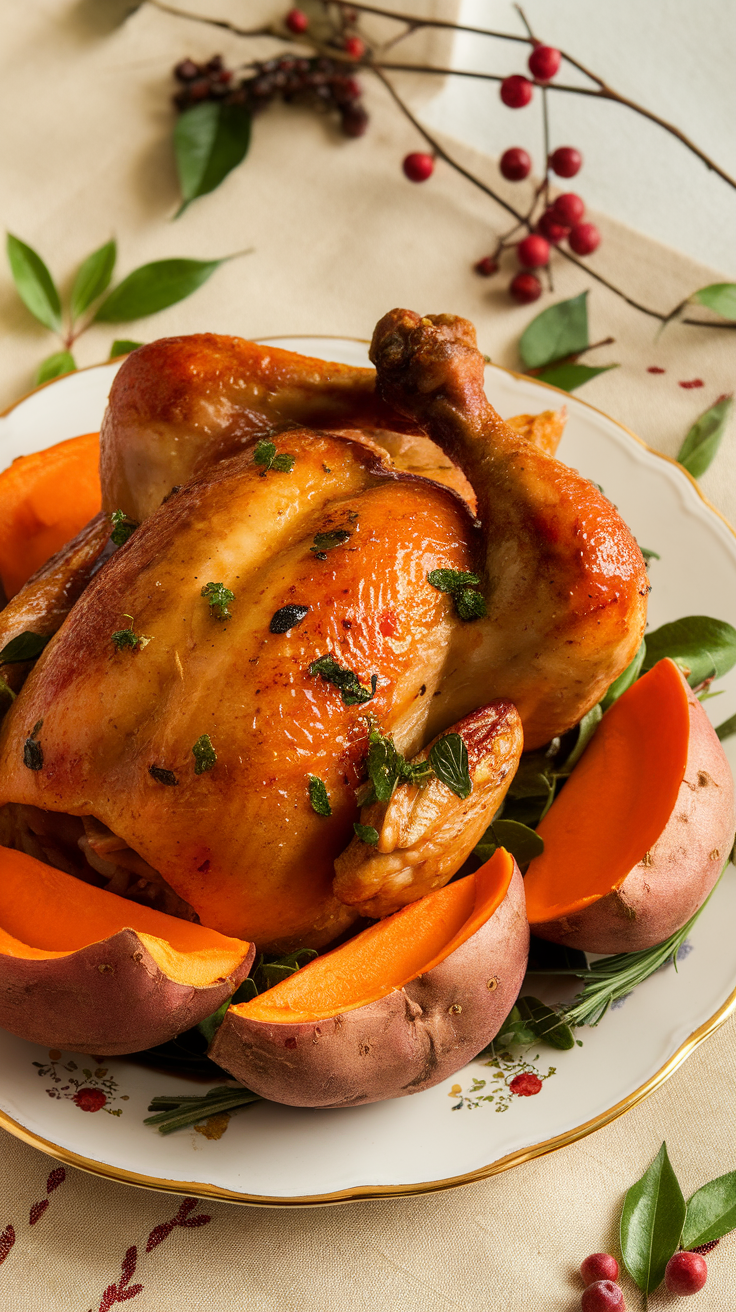 A beautifully roasted chicken glazed with maple, served with sweet potato wedges on a decorative plate.