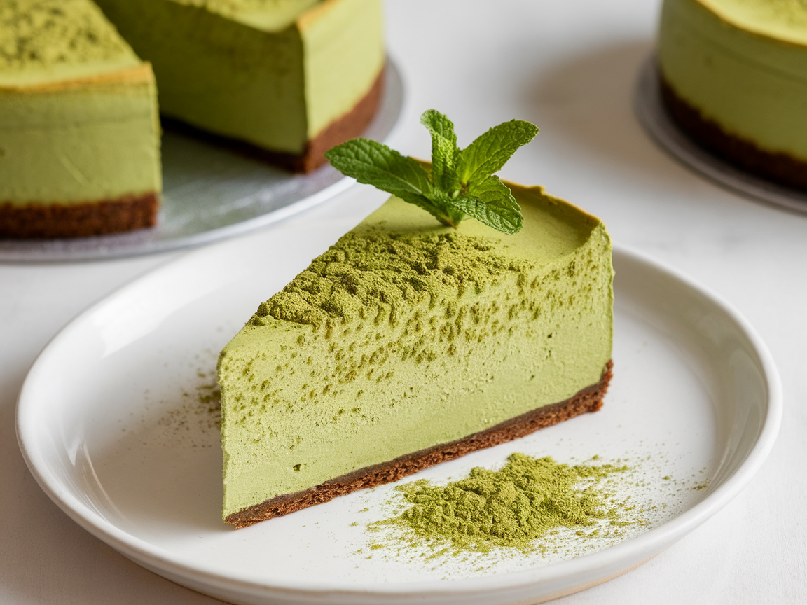 A slice of matcha green tea cheesecake on a plate with a sprig of mint and matcha powder sprinkled around.