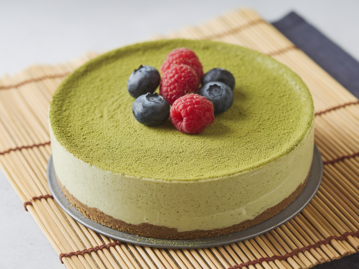 A matcha green tea no-bake cheesecake topped with fresh raspberries and blueberries.