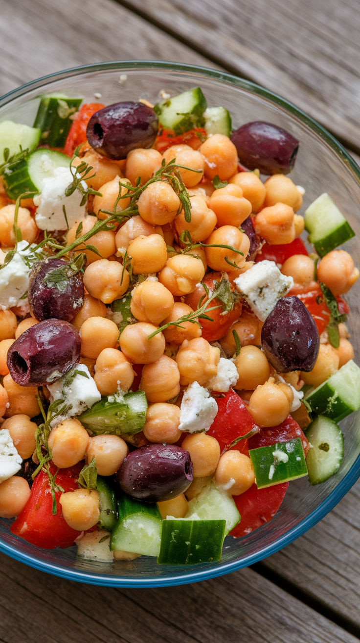 A bowl of Mediterranean Chickpea Salad with chickpeas, tomatoes, cucumber, olives, and feta cheese.