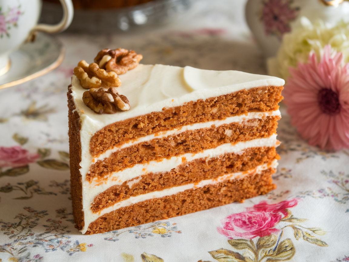 A slice of moist carrot cake with cream cheese frosting and walnuts on top, placed on a floral tablecloth.