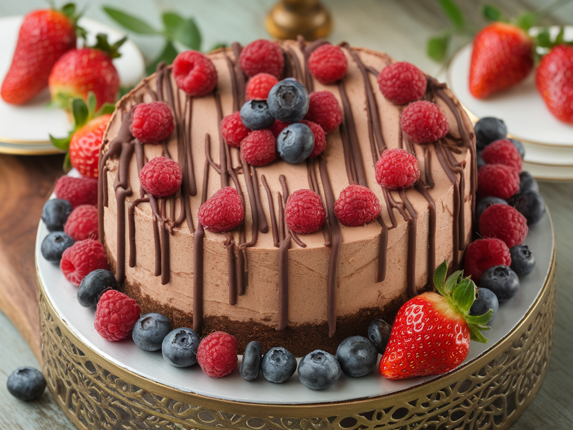 A vibrant Nutella swirl no-bake cheesecake topped with fresh strawberries, raspberries, and blueberries, elegantly presented on a decorative plate.