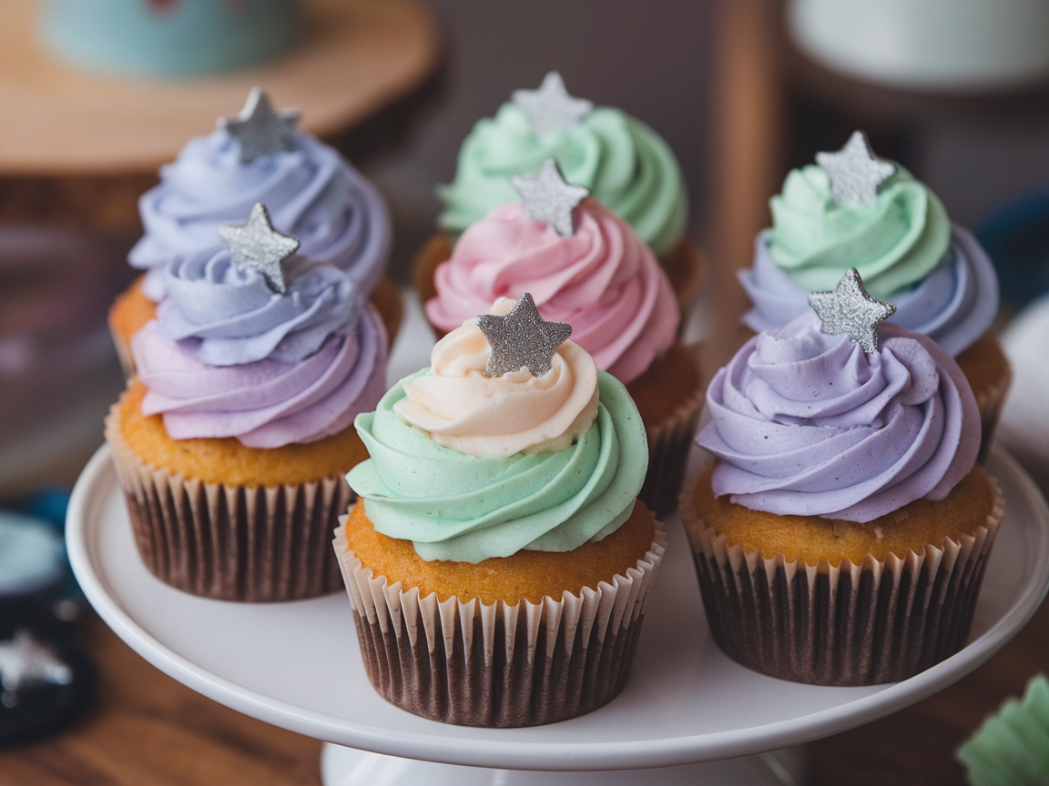 A plate of pastel-themed cupcakes with colorful frosting and star decorations.