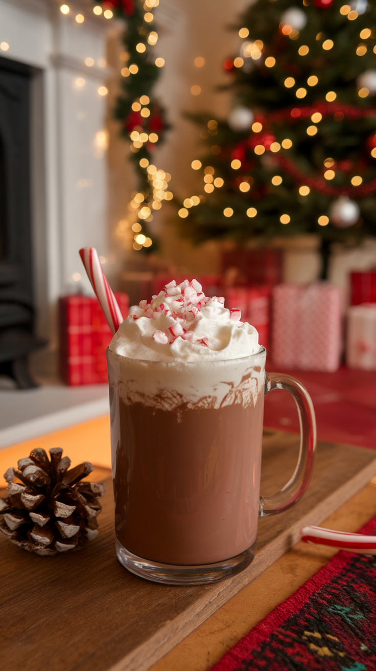 A mug of peppermint hot chocolate topped with whipped cream and crushed candy canes, sitting on a wooden table with Christmas decorations in the background.