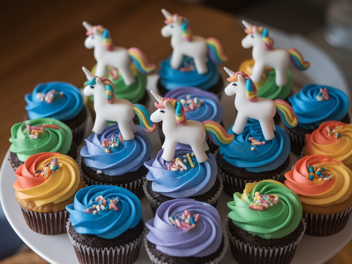 Colorful cupcakes with rainbow frosting and white unicorn fondant decorations