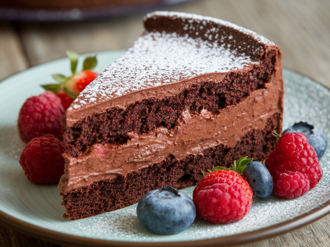 A slice of rich chocolate pudding cake with layers of chocolate frosting, garnished with raspberries and blueberries.