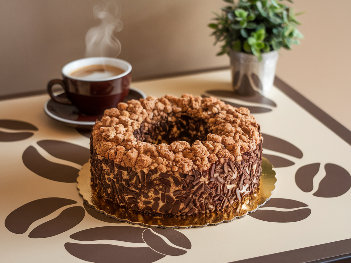 A delicious espresso coffee cake on a table with a steaming cup of coffee.