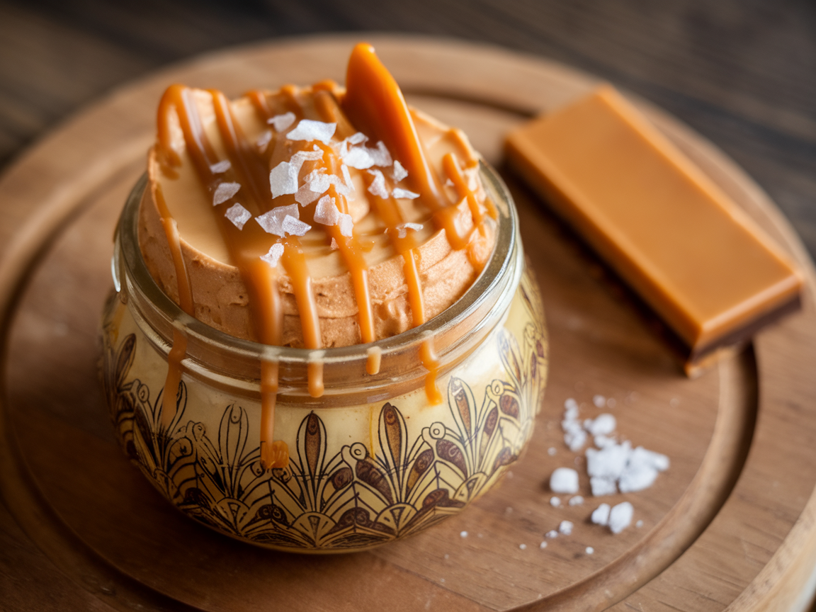 A delicious salted caramel toffee mousse topped with caramel drizzle and sea salt.