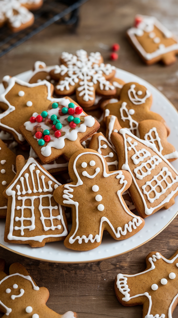 A plate of beautifully decorated spiced gingerbread cookies, featuring festive designs like snowflakes, gingerbread men, and holiday houses.