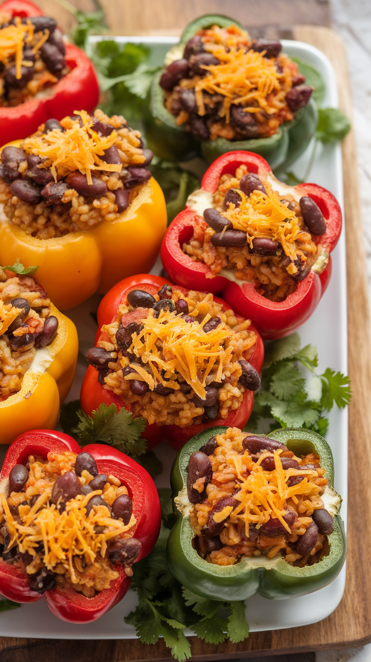 Colorful stuffed bell peppers filled with brown rice, black beans, and topped with cheese.