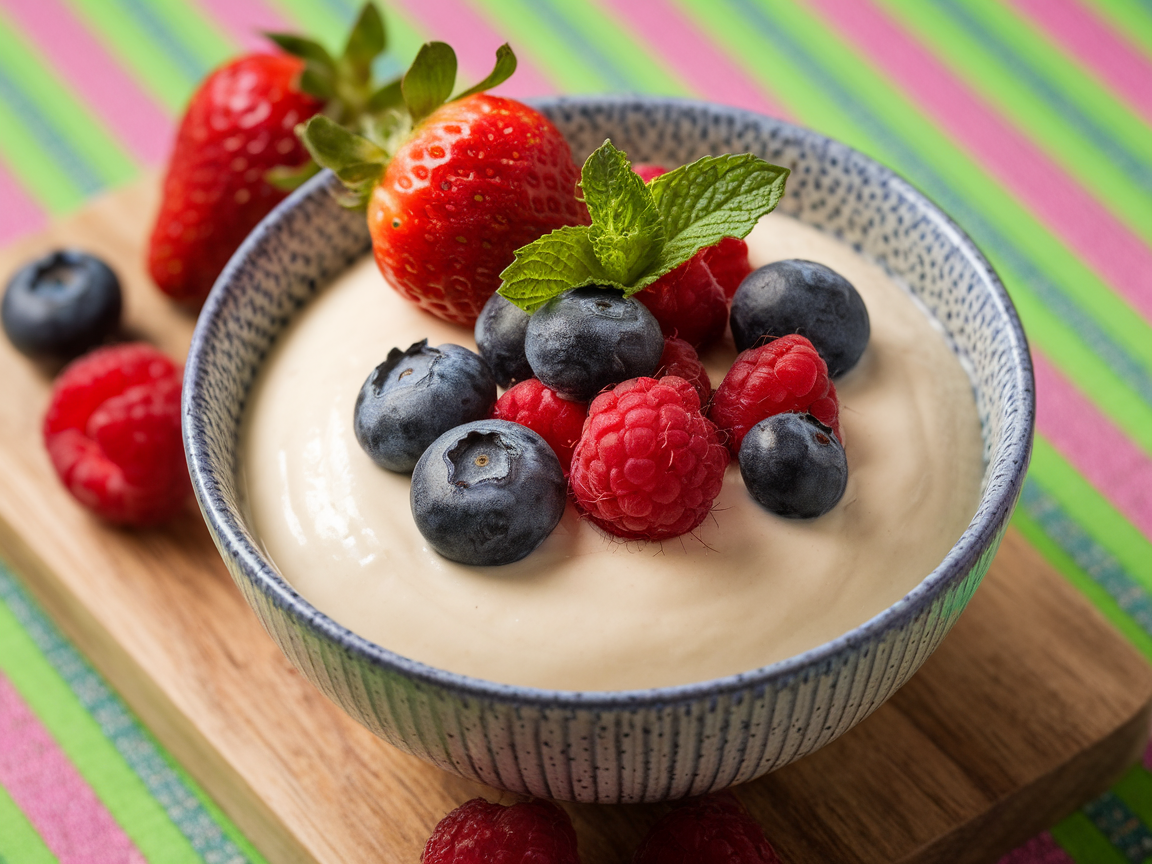 A bowl of vanilla pudding topped with strawberries, blueberries, and raspberries.