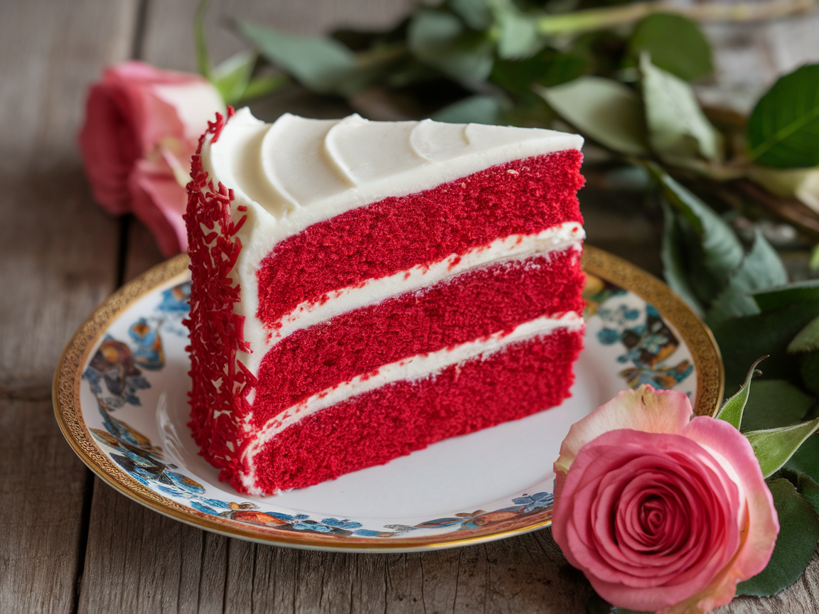 A piece of red velvet cake on a decorative plate, surrounded by pink roses.