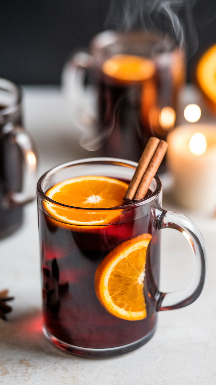 A steaming mug of warm mulled wine with orange slices and cinnamon sticks.