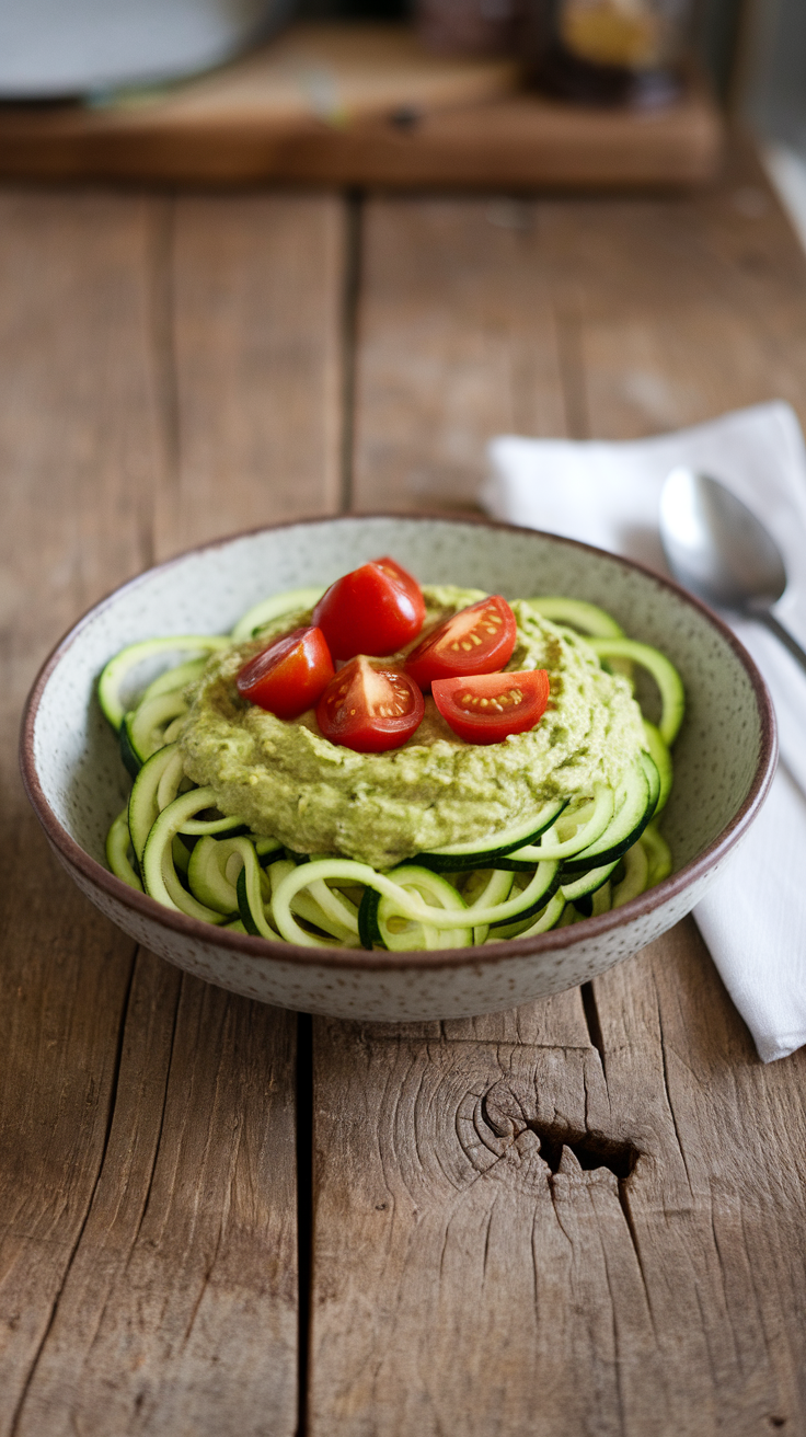 Bowl of zucchini noodles topped with avocado pesto and cherry tomatoes