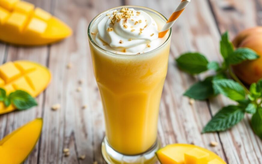 Virgin Mango Lassi Mocktail (lightly sweetened Indian yogurt drink)